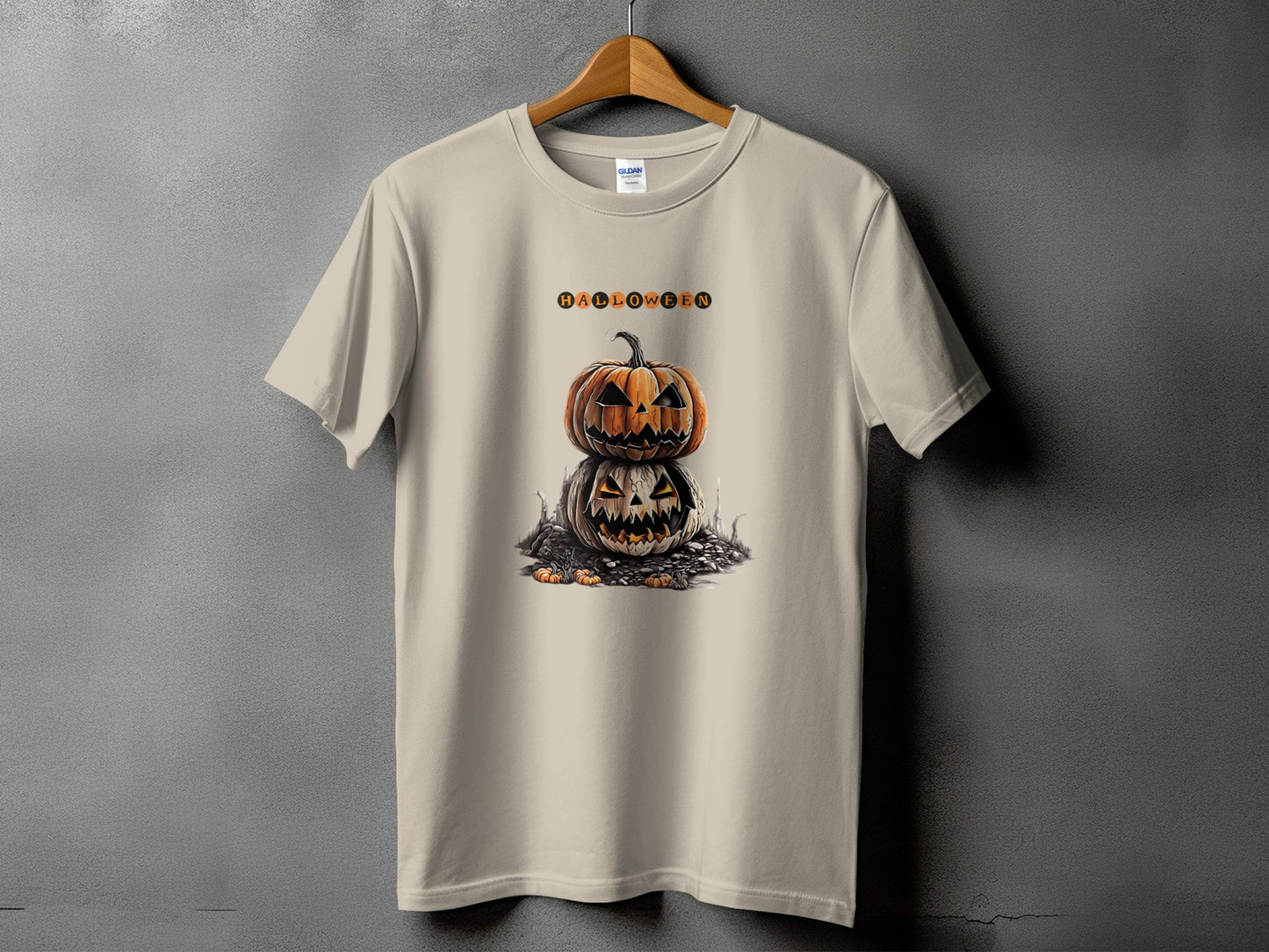Light beige t-shirt with stacked jack-o'-lanterns and "Halloween" text graphic.