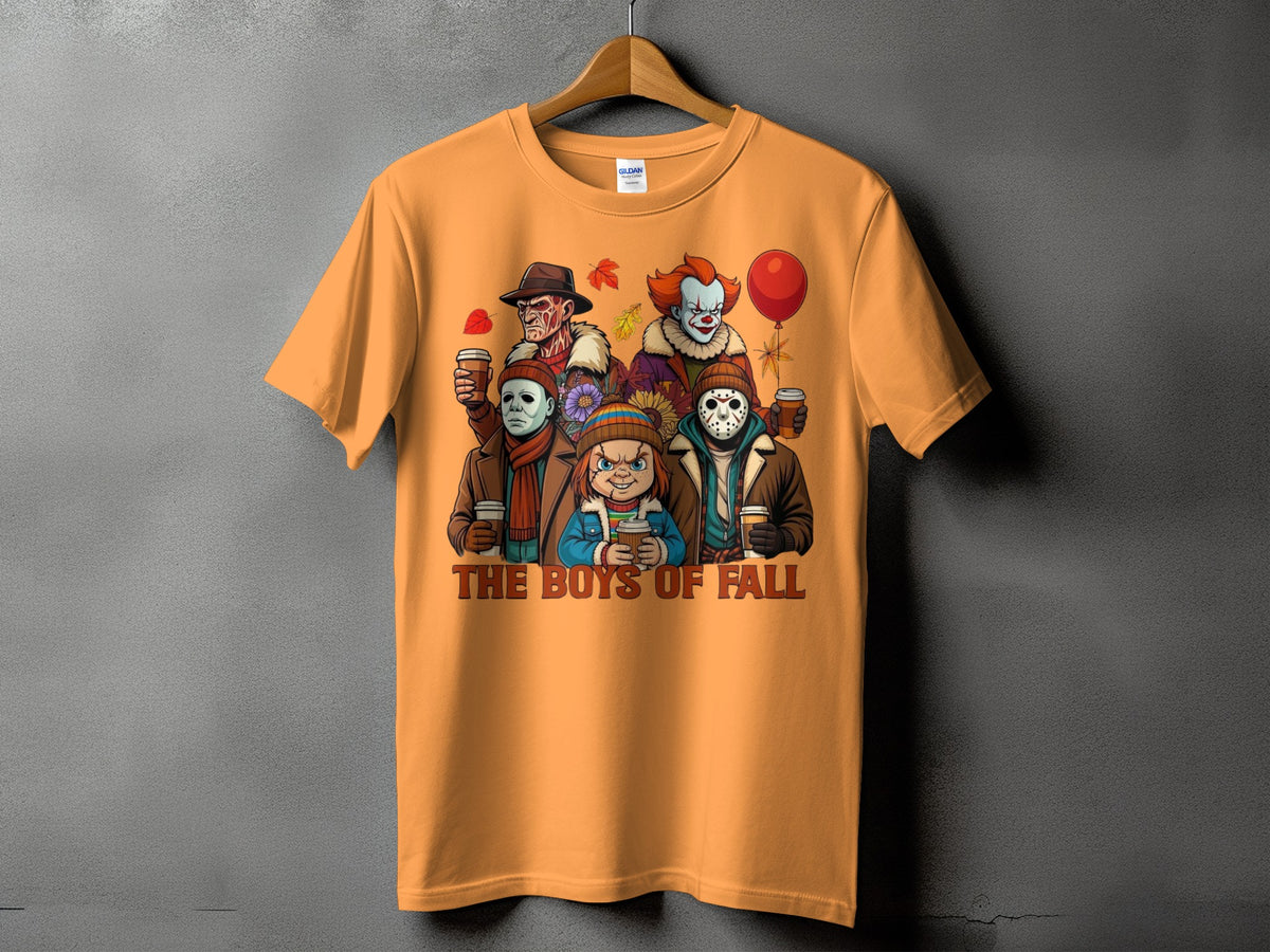 Orange t-shirt with horror characters holding coffee cups and "The Boys of Fall" text.