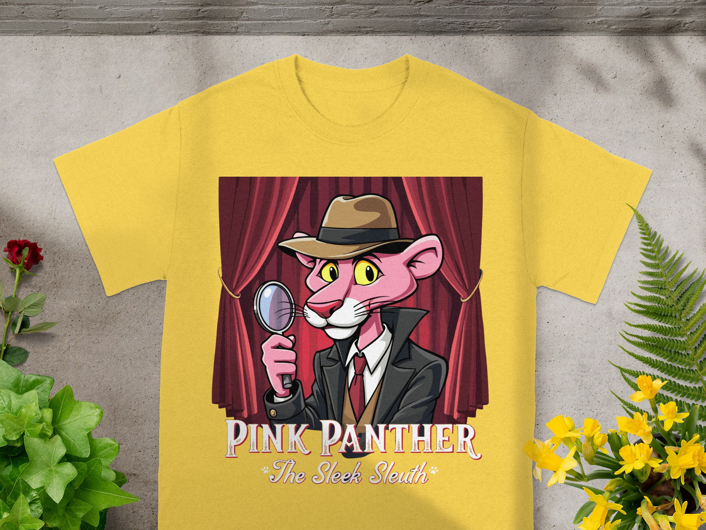 Pink Panther cartoon detective with magnifying glass and text "Pink Panther The Sleek Sleuth".