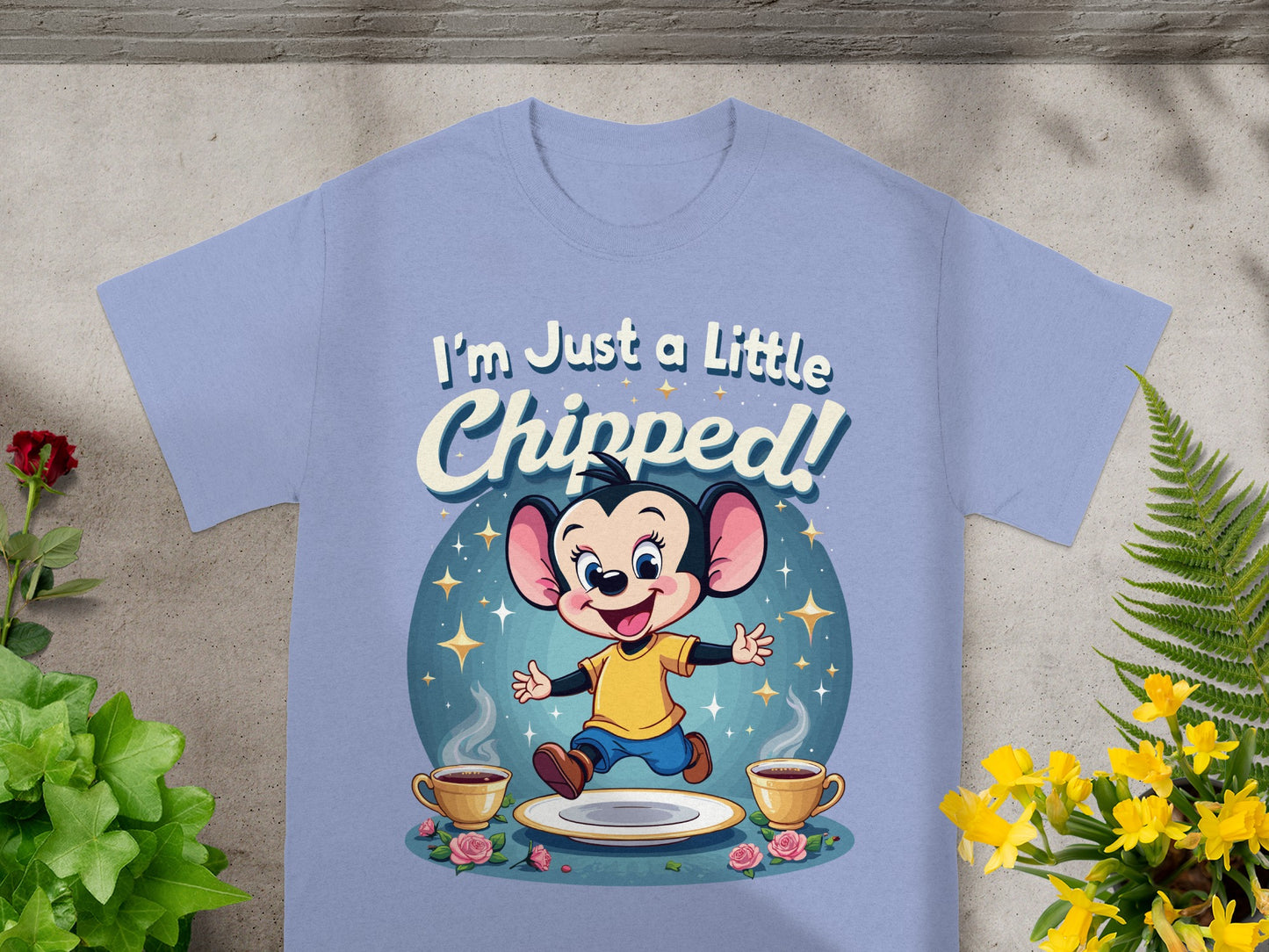 Cartoon mouse wearing yellow shirt and blue pants jumping over plate with text "I'm Just a Little Chipped!".