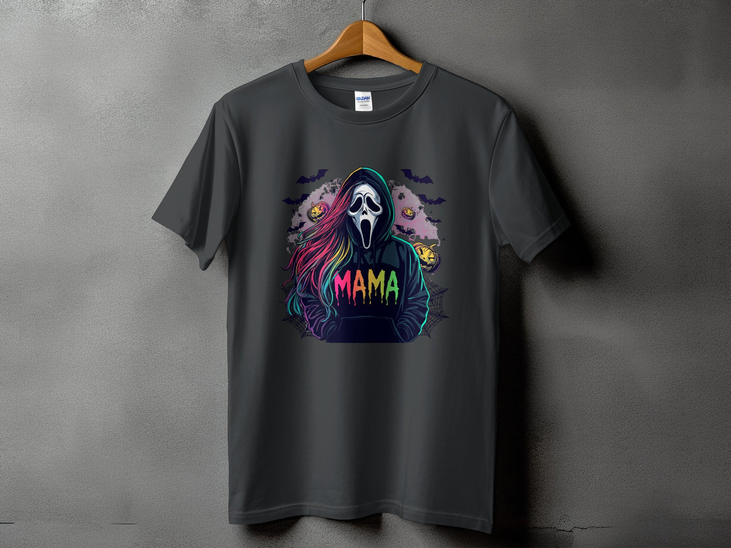 Dark grey t-shirt featuring a ghost mask and "MAMA" text with Halloween pumpkins and bats.