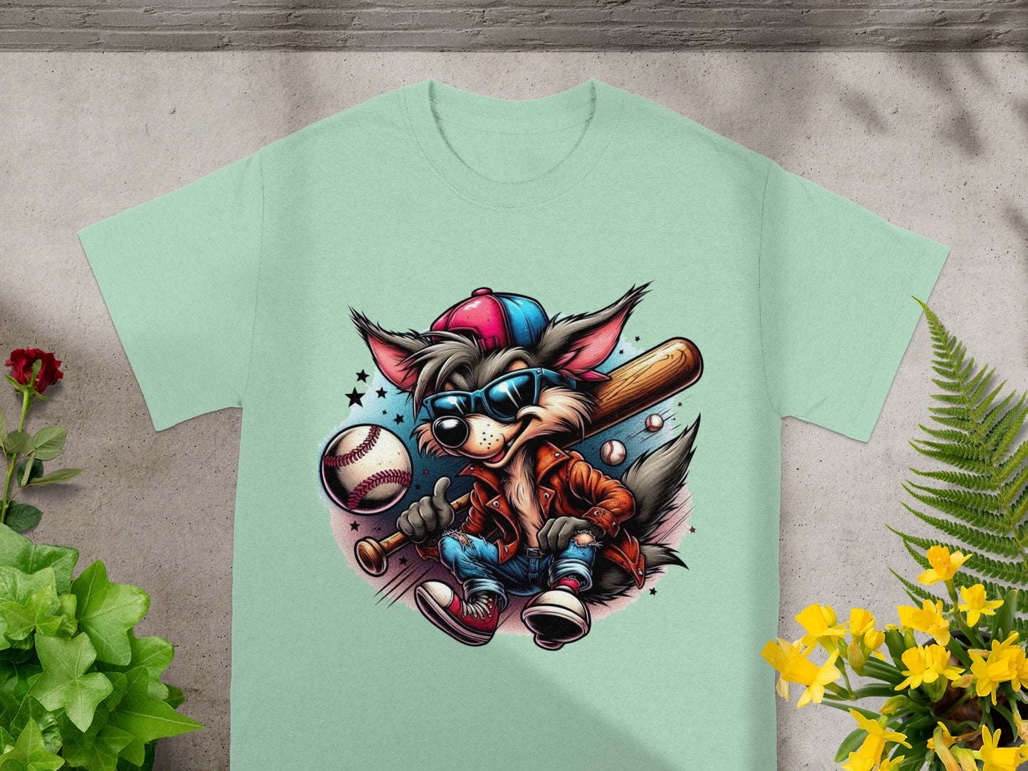 Cool Cartoon Dog with Baseball and Bat T-shirt