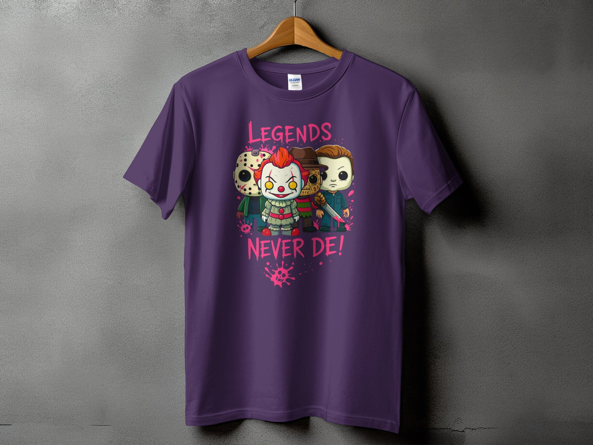 Purple t-shirt with "Legends Never De!" and cartoon horror characters.