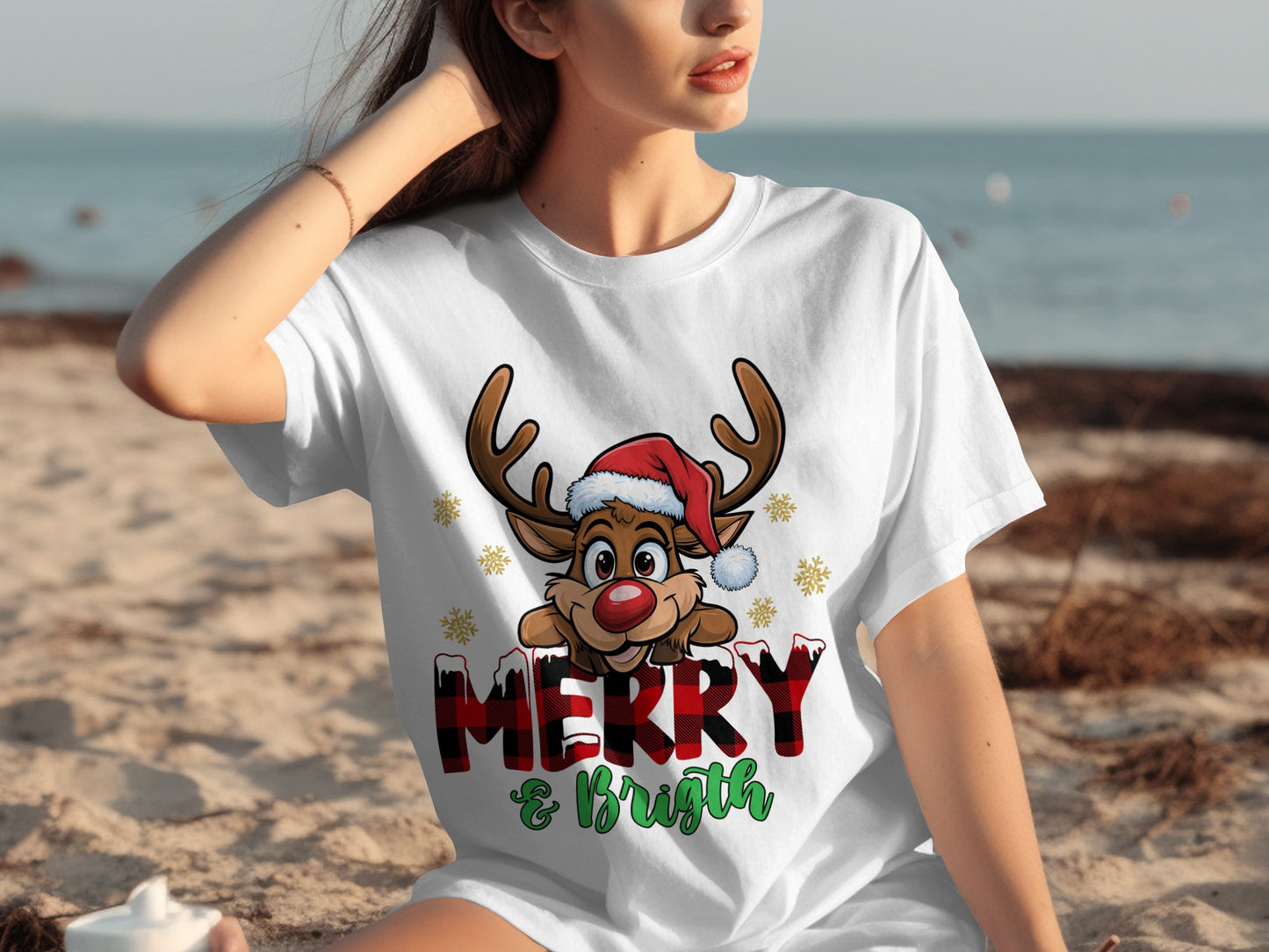 Merry and Bright Reindeer Santa Hat Christmas Shirt