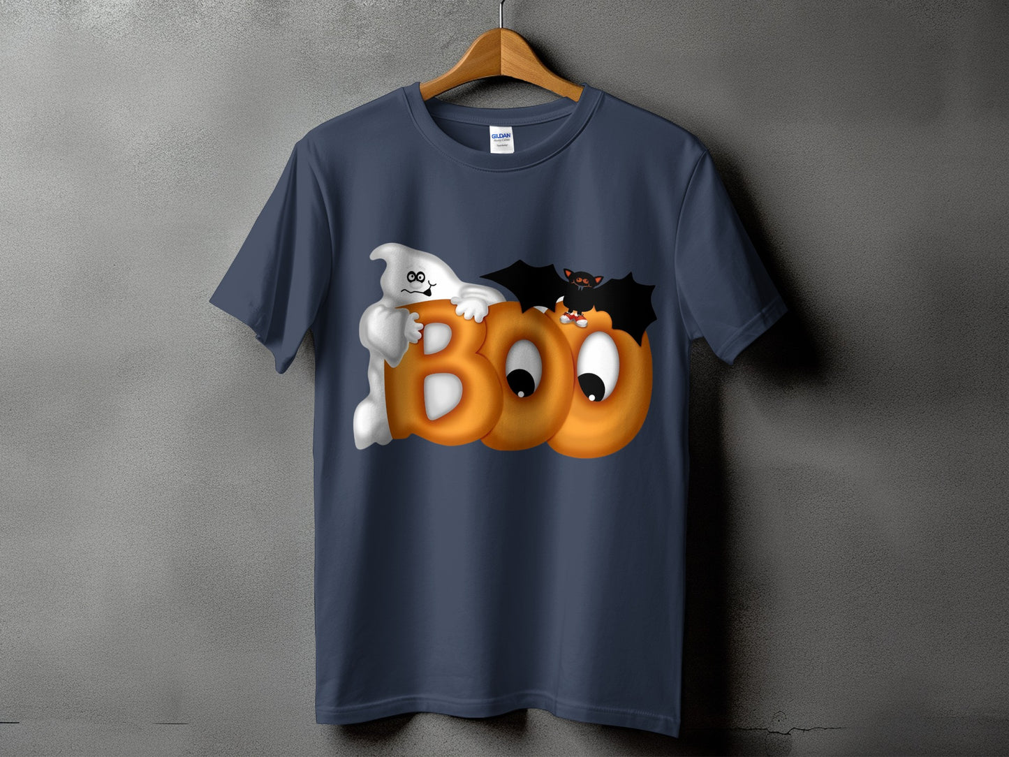 Dark blue t-shirt with ghost and bat on orange letters spelling "BOO".