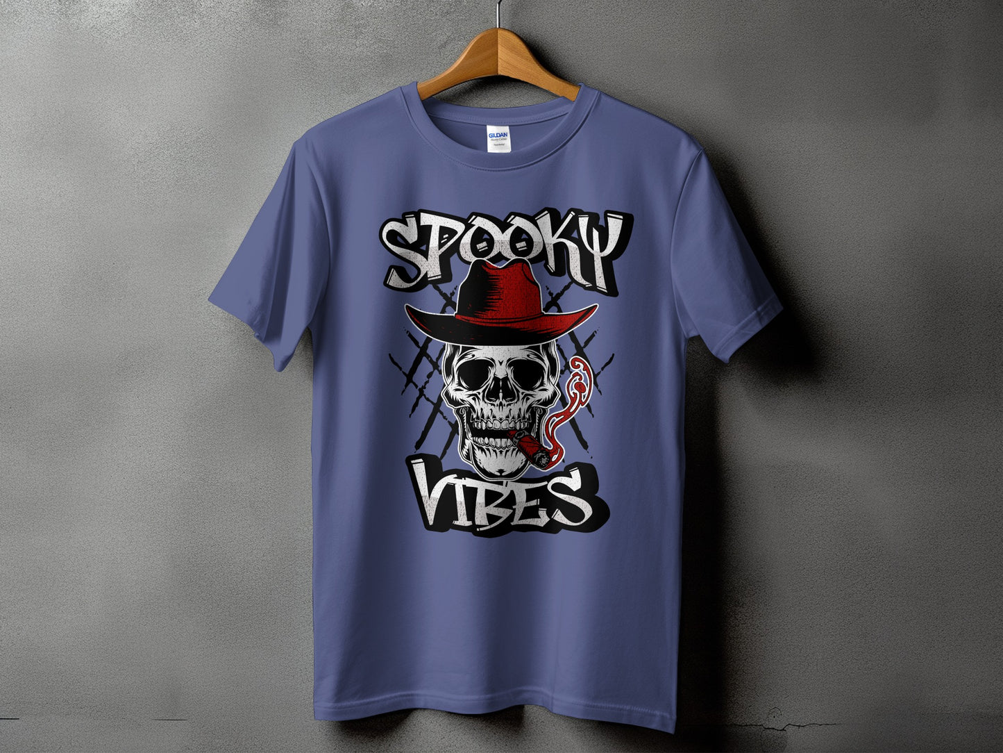 Purple t-shirt with skull, hat, cigar, and text "SPOOKY VIBES".
