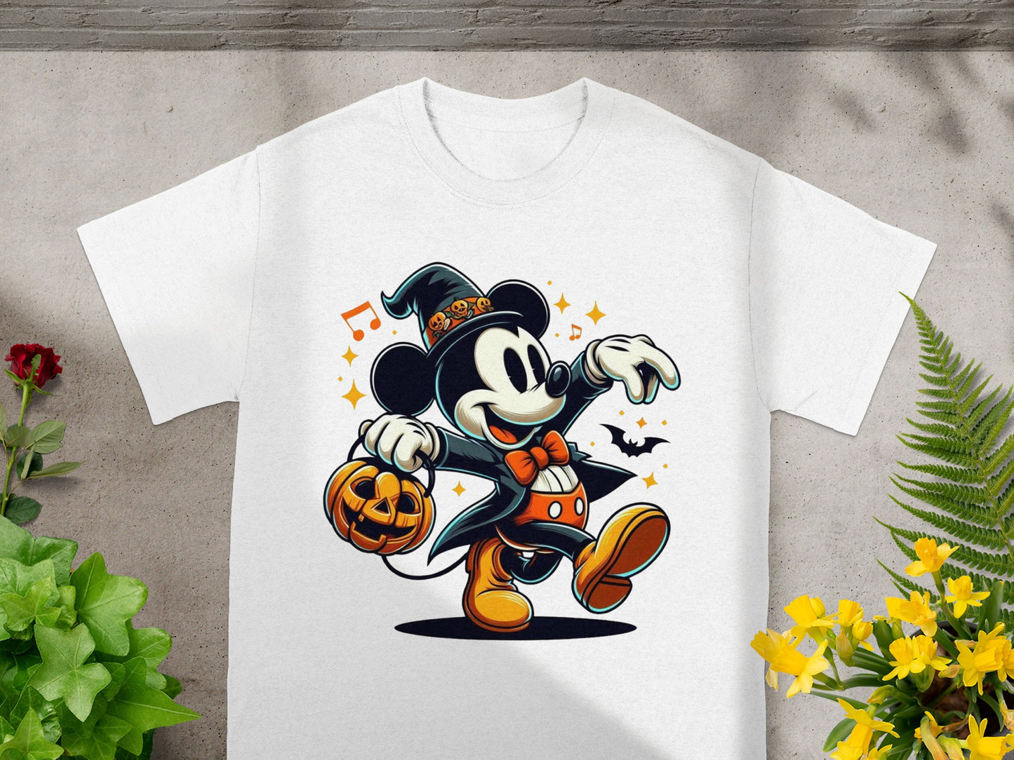 Mickey Mouse in Halloween costume holding a jack-o'-lantern, walking on a white t-shirt.