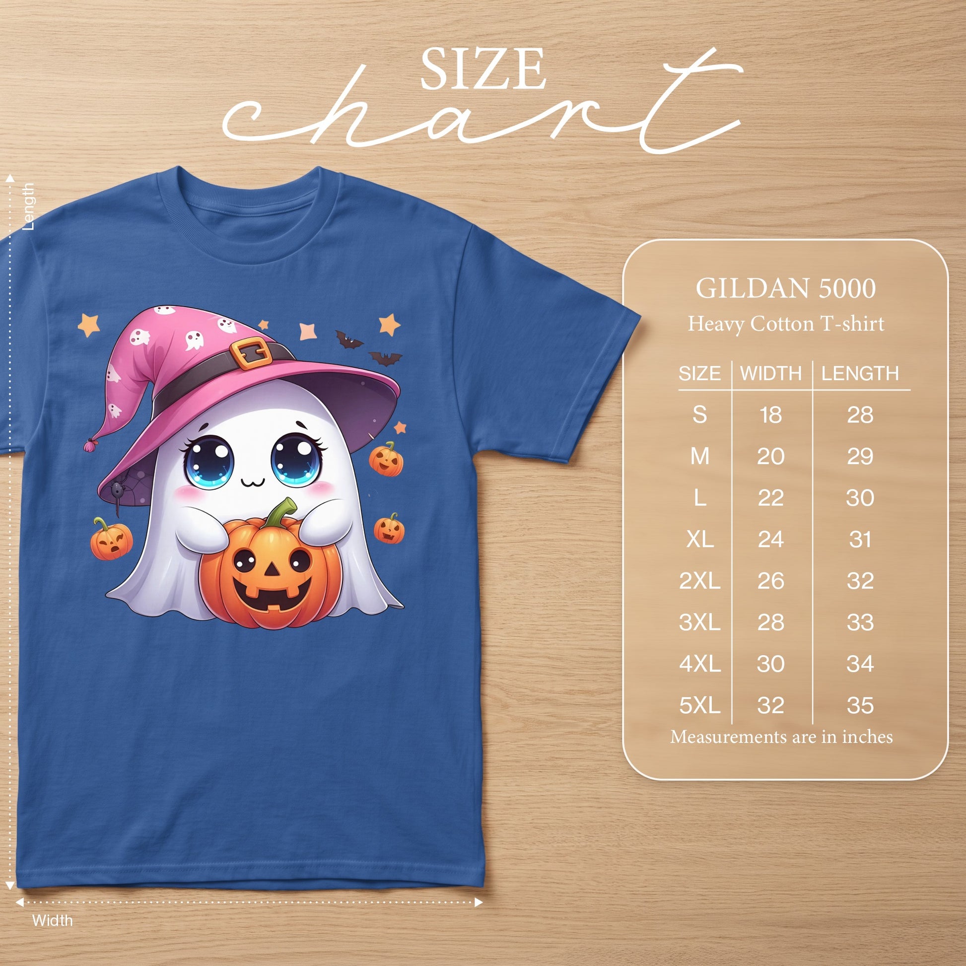 Blue t-shirt with a cute ghost holding a pumpkin, size chart included.