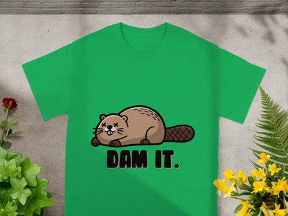 Cute Beaver 'Dam It' Graphic on Green T-Shirt