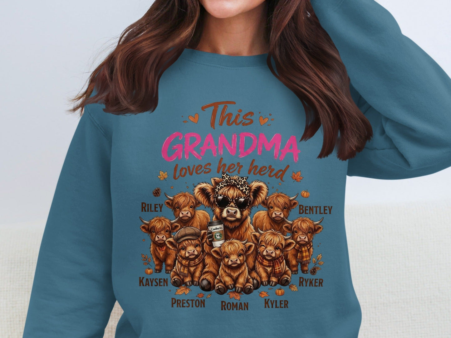 "This Grandma Loves Her Herd" text with highland cows and names: Riley, Bentley, Kaysen, Ryker, Preston, Roman, Kyler.