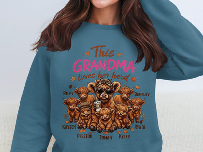 "This Grandma Loves Her Herd" text with highland cows and names: Riley, Bentley, Kaysen, Ryker, Preston, Roman, Kyler.