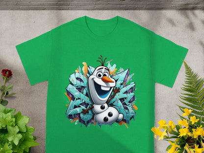 Olaf from Frozen on a graffiti background, printed on a green t-shirt.