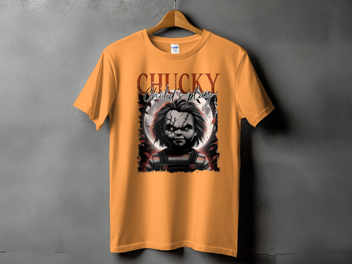 Orange t-shirt featuring Chucky from Child's Play with a moon behind him.