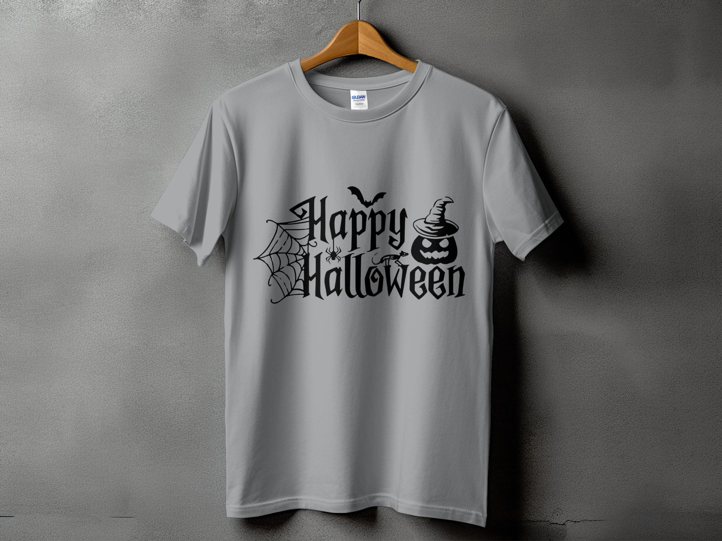 Grey t-shirt with black "Happy Halloween" text, pumpkin, bat, spider, and web graphic.