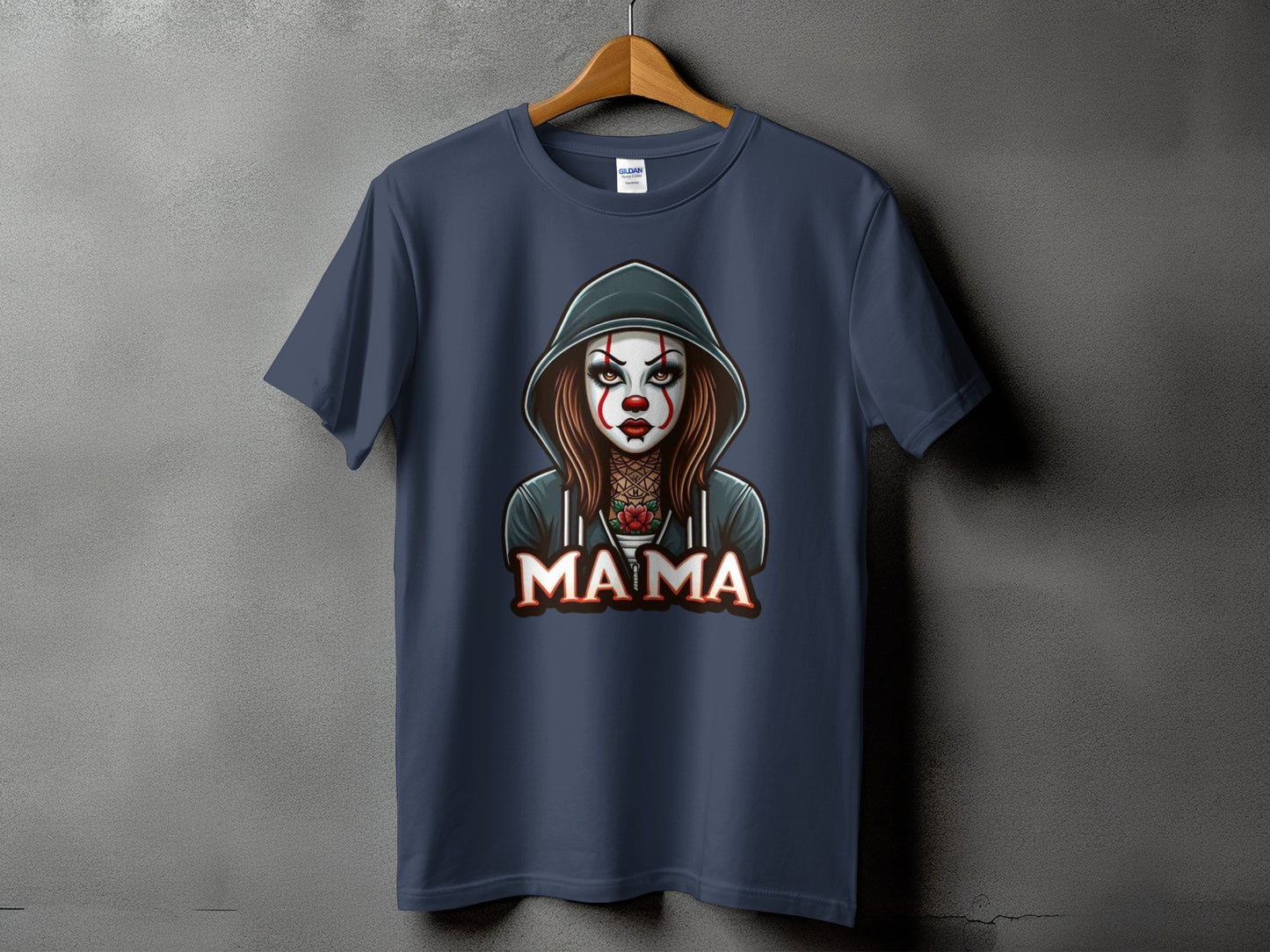 Dark blue t-shirt with a clown illustration and "MAMA" text.