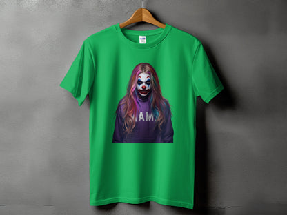 Green t-shirt with a graphic of a clown with colorful hair and "AMY" on a purple hoodie.