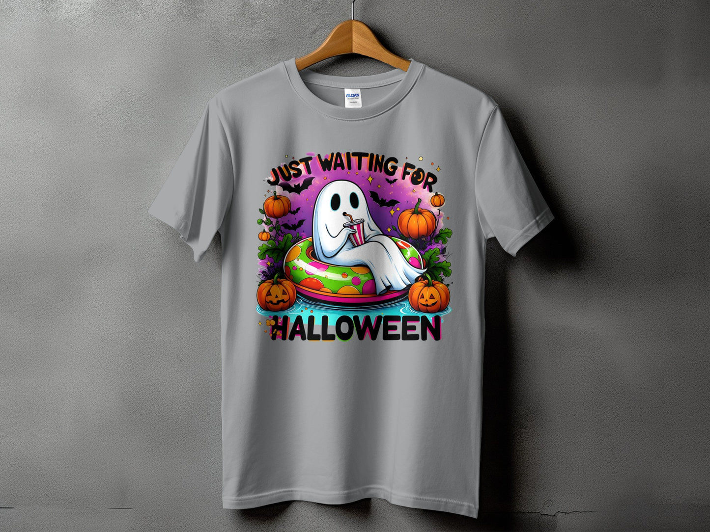 Grey t-shirt with a ghost graphic reading "Just Waiting For Halloween".