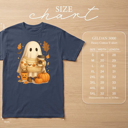 Gildan 5000 size chart with ghost graphic on a navy t-shirt.