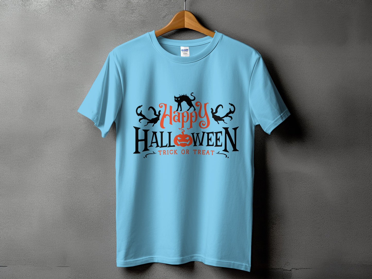 Light blue t-shirt with "Happy Halloween Trick or Treat" text and black cat graphic.