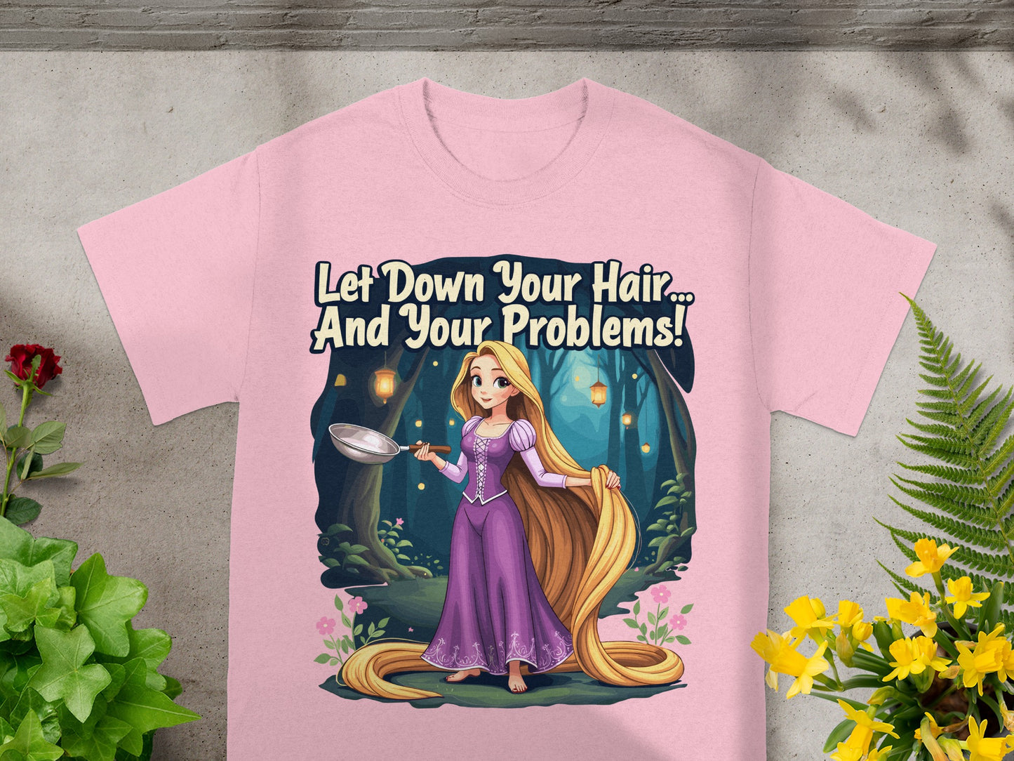 Rapunzel in a purple dress with long blonde hair, holding a frying pan.