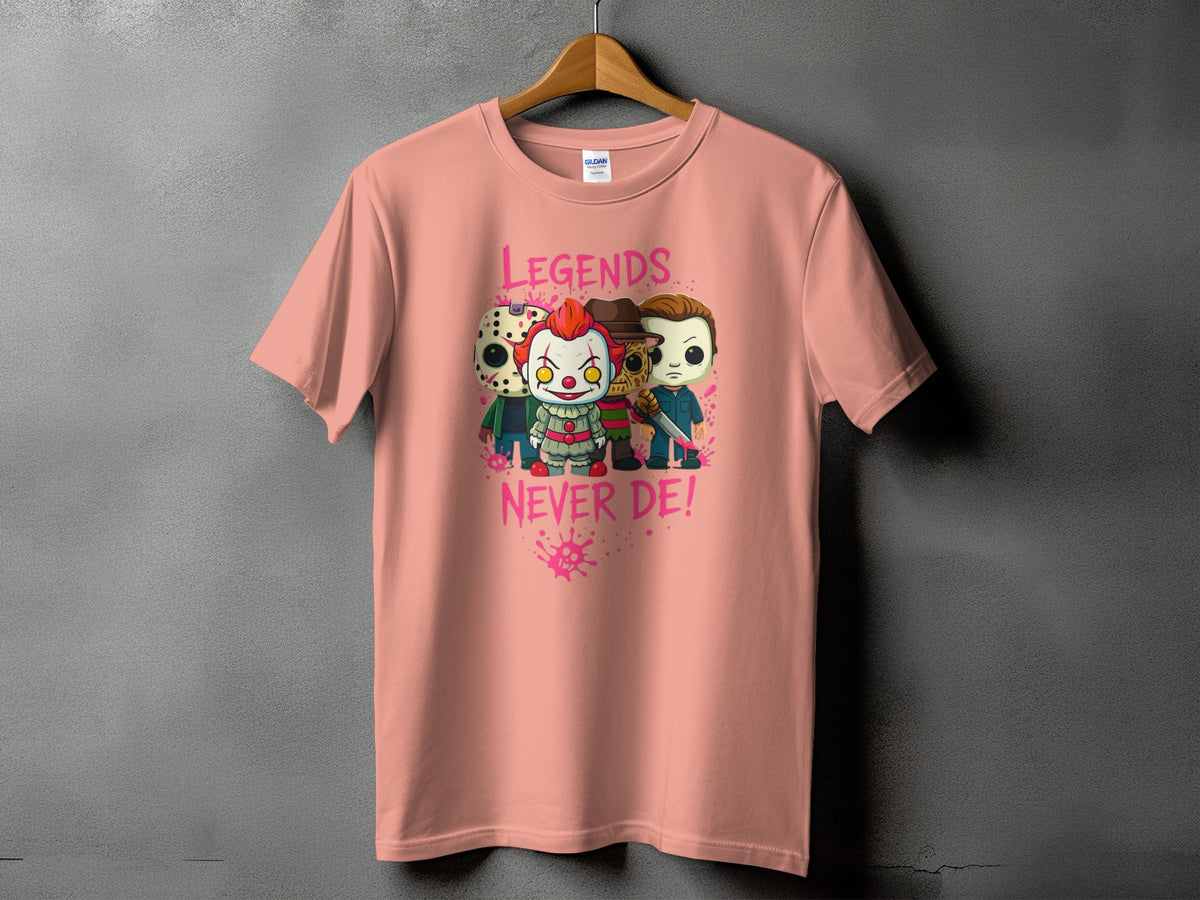 Peach t-shirt with horror characters and "Legends Never Die!" text.