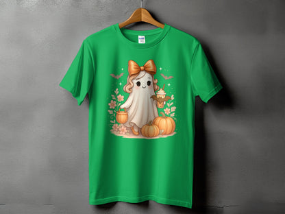Green t-shirt with a cute ghost character holding a drink and surrounded by pumpkins.