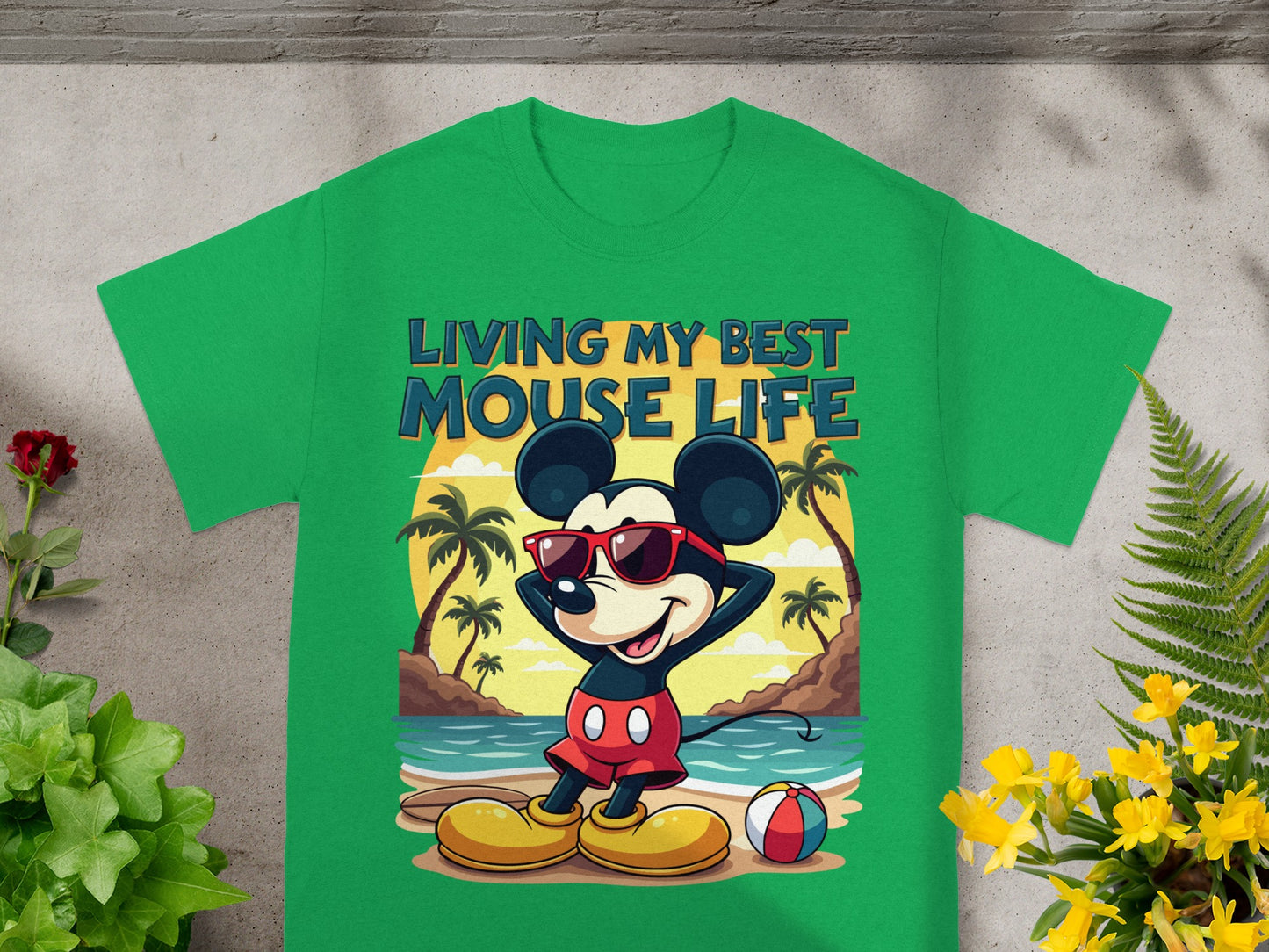 Mickey Mouse on a beach with text "LIVING MY BEST MOUSE LIFE".