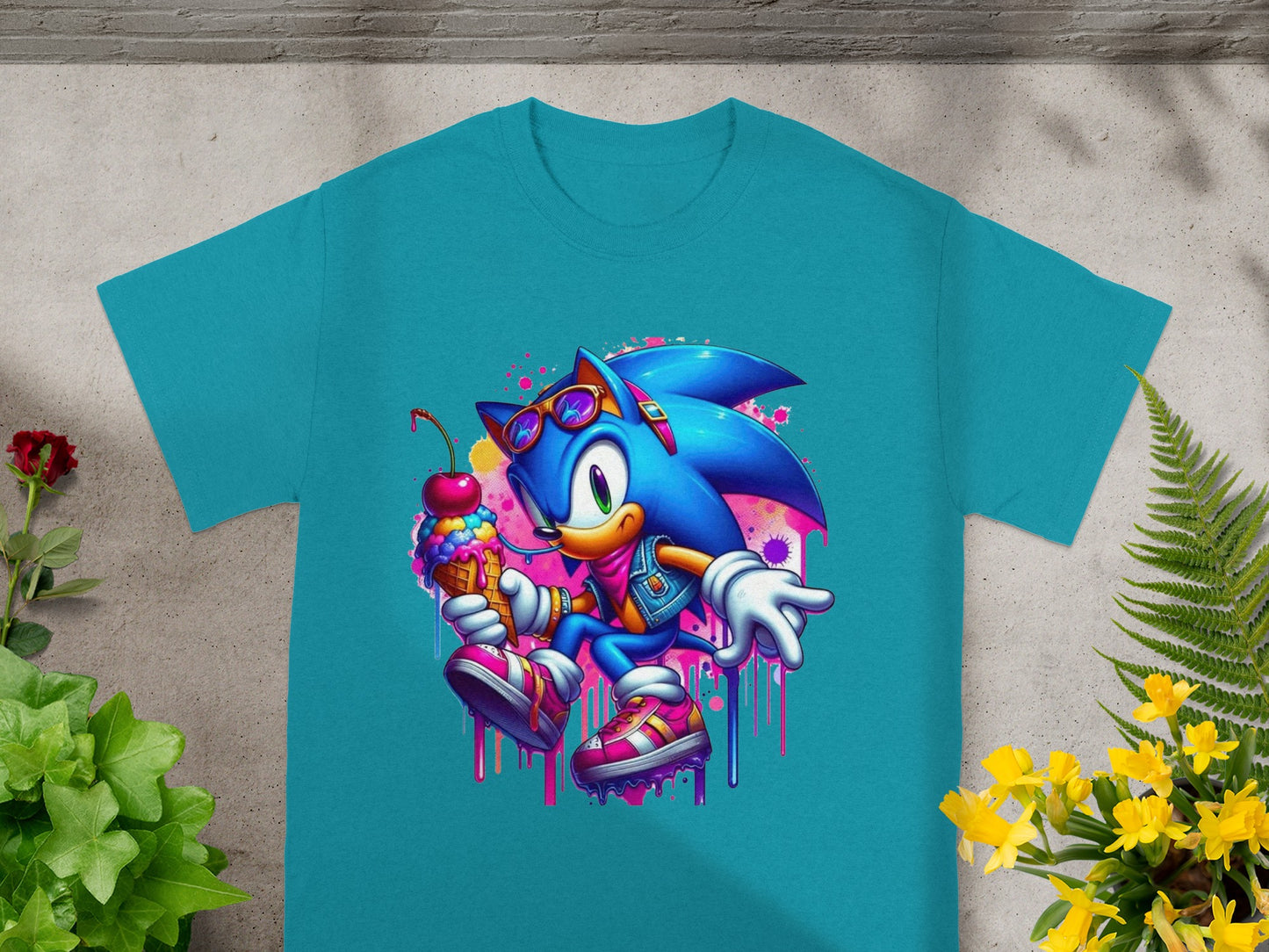 Blue hedgehog character with sunglasses holding an ice cream cone.