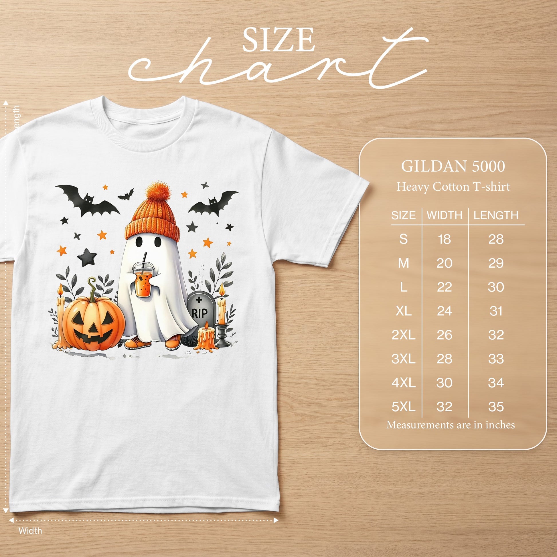 White Gildan 5000 t-shirt with Halloween ghost, pumpkin, bats, and size chart.