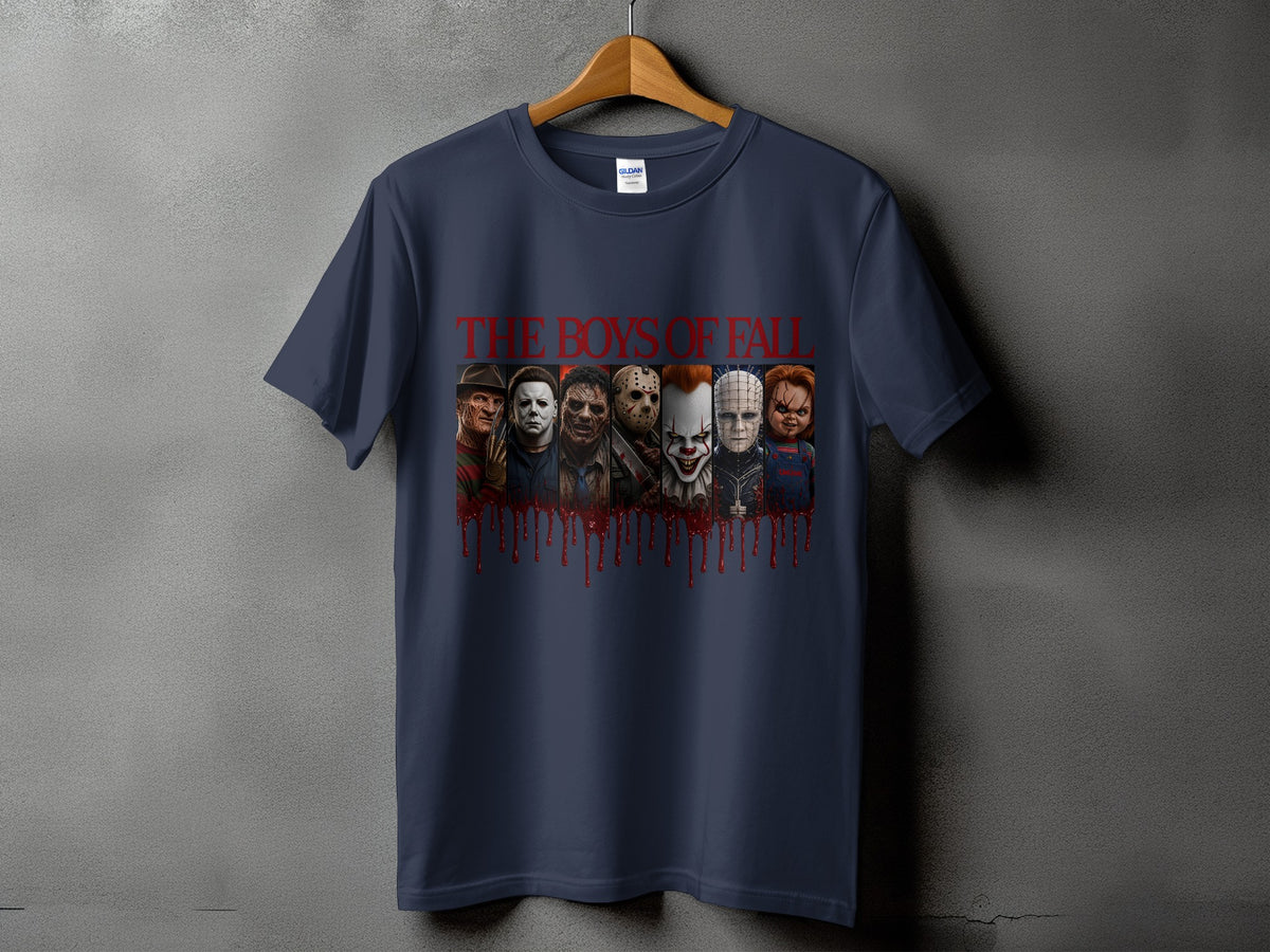 Dark blue t-shirt featuring horror characters and "THE BOYS OF FALL" text.