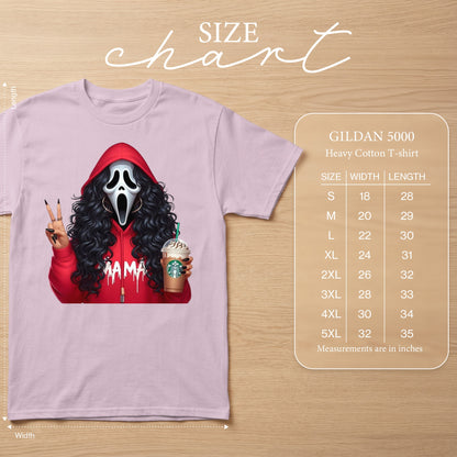 Pink t-shirt featuring Ghostface with "MAMA" text, holding Starbucks. Size chart included.