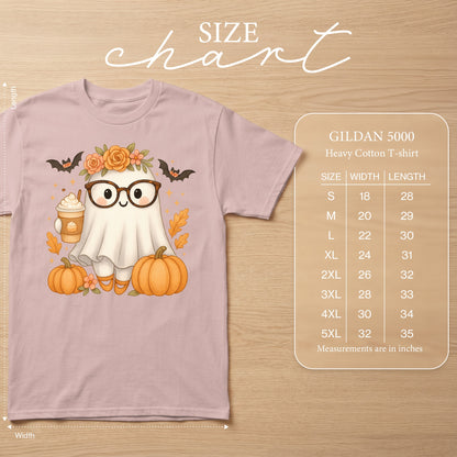 Pink t-shirt with cute ghost graphic and Gildan 5000 size chart.
