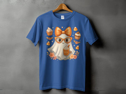 Blue t-shirt with a ghost graphic wearing glasses and holding a pumpkin spice drink.