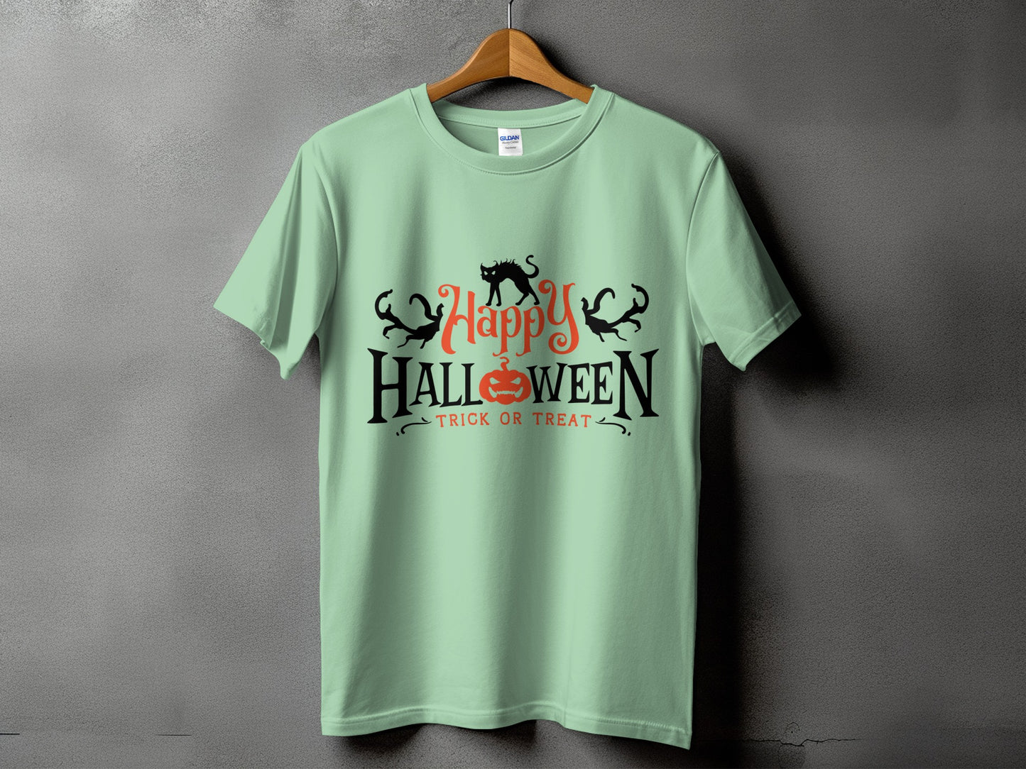 Light green t-shirt with "Happy Halloween Trick or Treat" text and black cats.