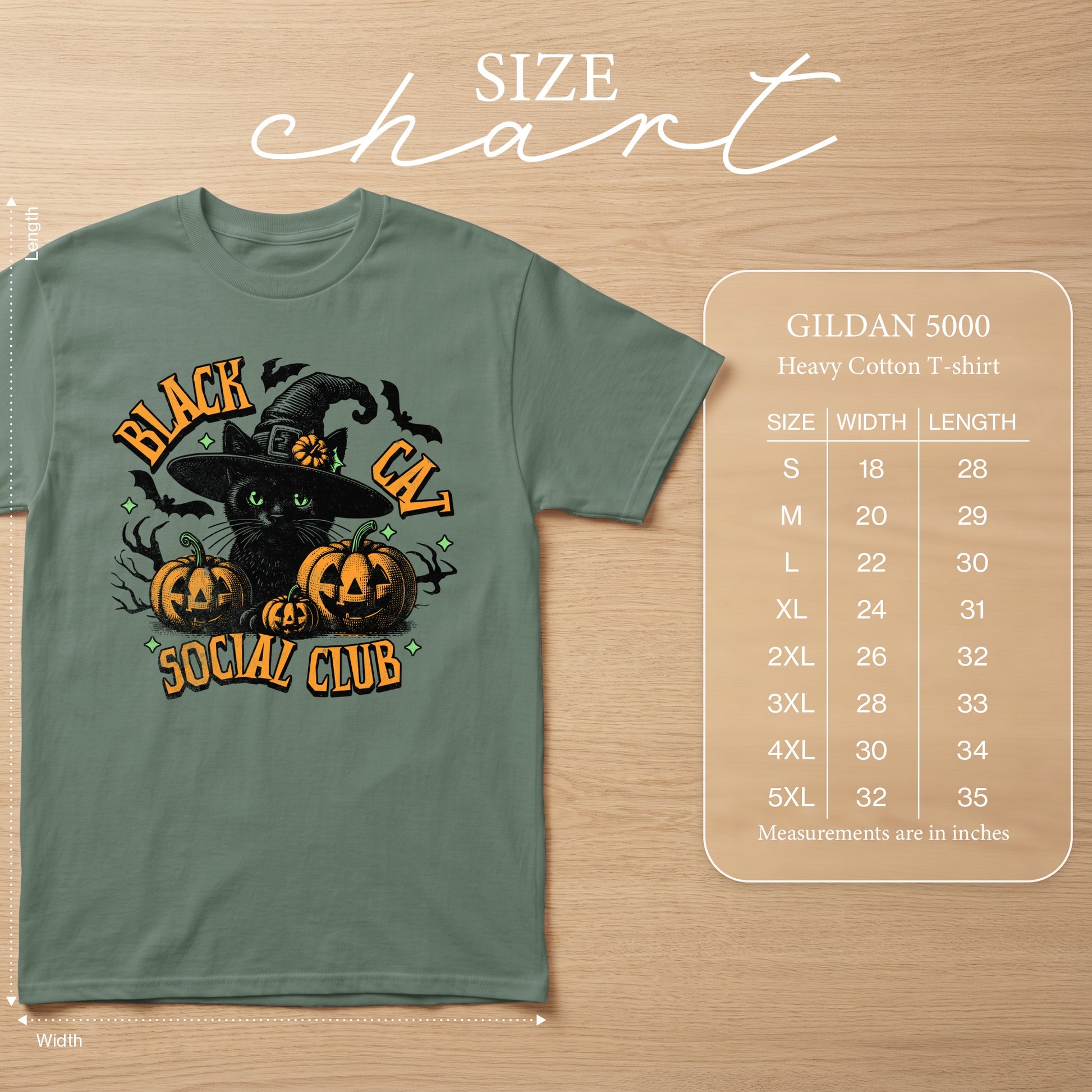 Green t-shirt with black cat, pumpkins, and "Black Cat Social Club" text.