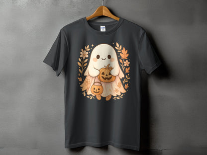 Dark gray t-shirt with a smiling ghost holding pumpkins and surrounded by fall leaves.