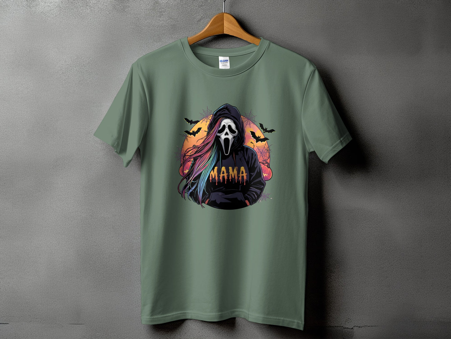 Green t-shirt with ghost graphic and "Mama" text.