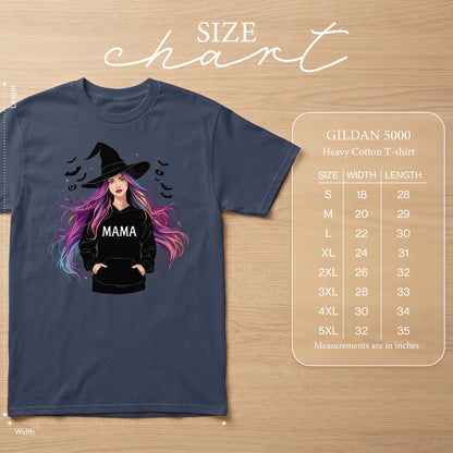 Gildan 5000 t-shirt size chart with measurements in inches.