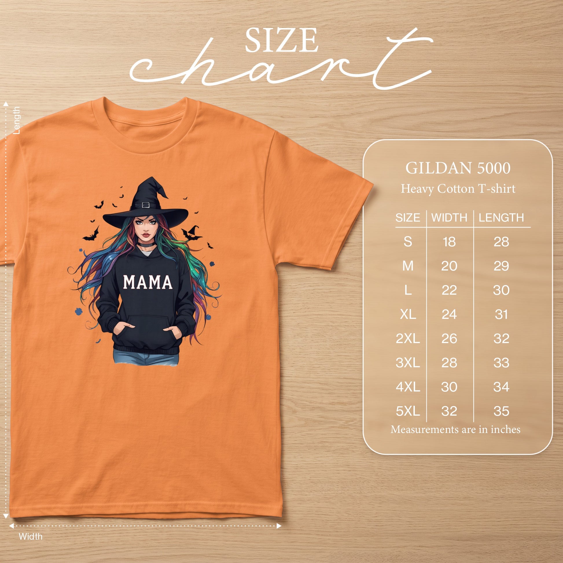 Orange t-shirt with graphic of witch saying MAMA, size chart included