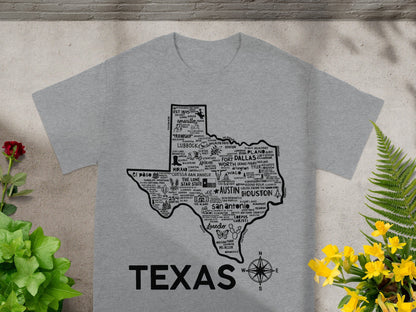 Texas Map With City Names Grey T-Shirt