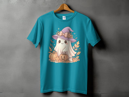 Teal t-shirt with cartoon ghost in witch hat, pumpkins, and autumn leaves.