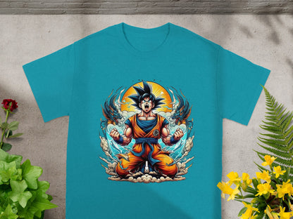 Goku in Dragon Ball Z anime style, roaring with energy, on a teal t-shirt.