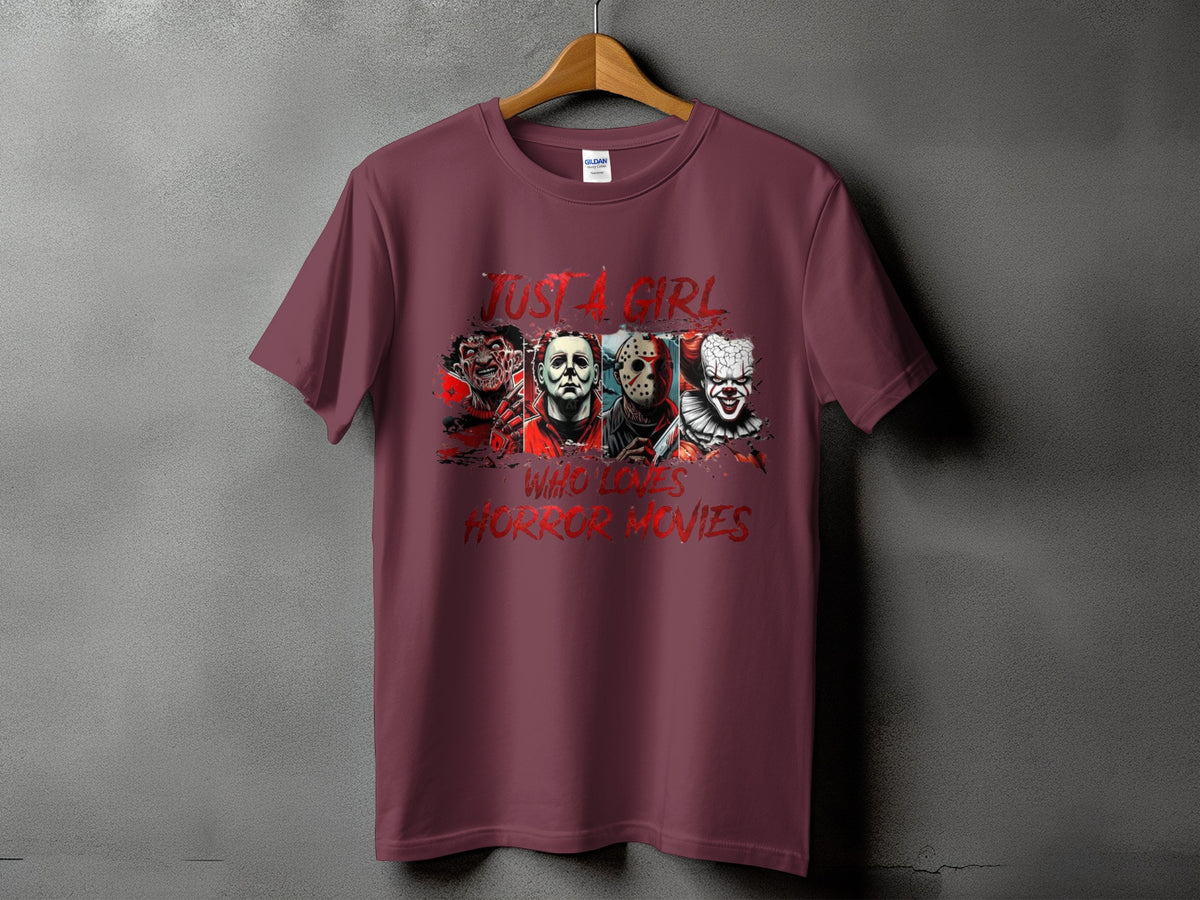 Maroon t-shirt with horror movie characters and red text "Just a Girl Who Loves Horror Movies".