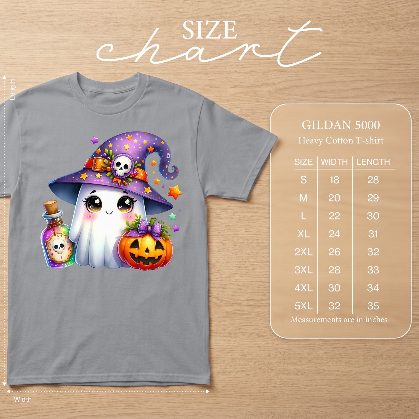 Gray t-shirt with a cute ghost, witch hat, potion, and jack-o'-lantern. Size chart displayed.