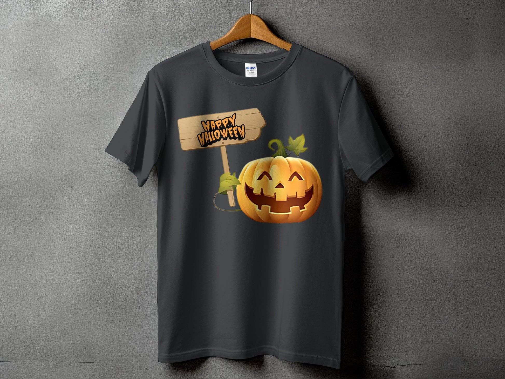 Dark grey t-shirt with a Jack-o'-lantern and "Happy Halloween" wooden sign graphic.