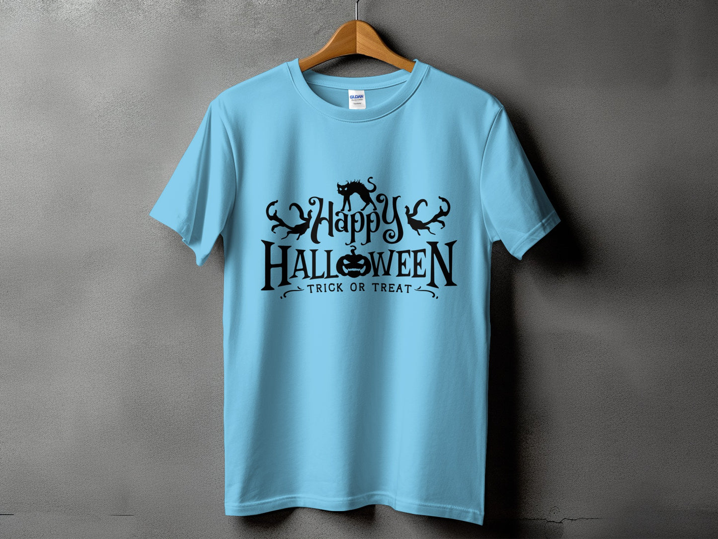 Light blue t-shirt with black "Happy Halloween Trick or Treat" graphic and cat silhouette.