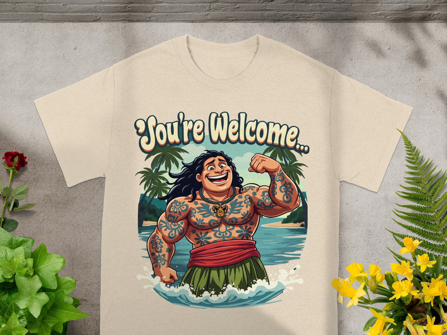 Cartoon man with full-body tattoos and text "You're Welcome..." on a t-shirt.