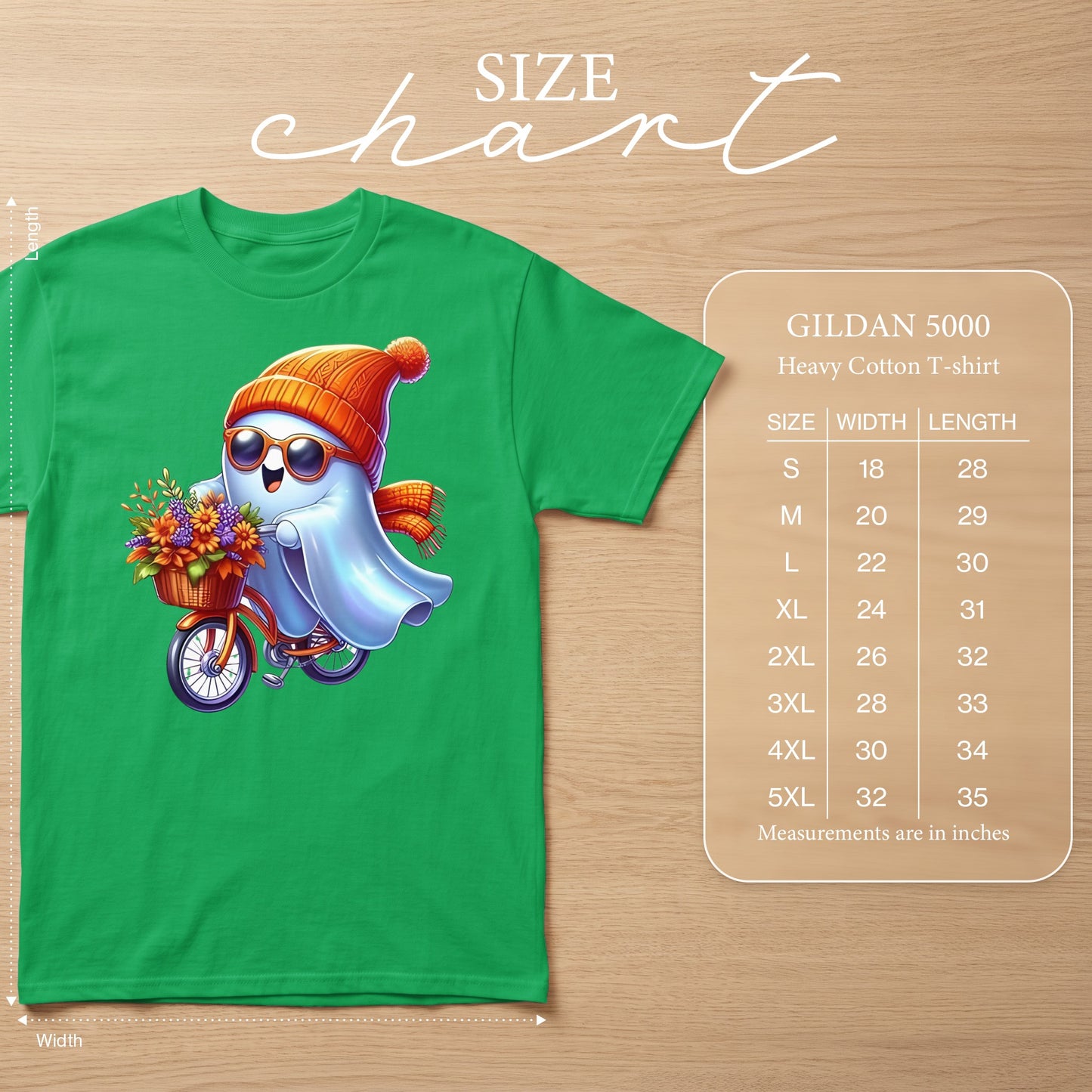 Green t-shirt with ghost character on a bicycle, GILDAN 5000 size chart.