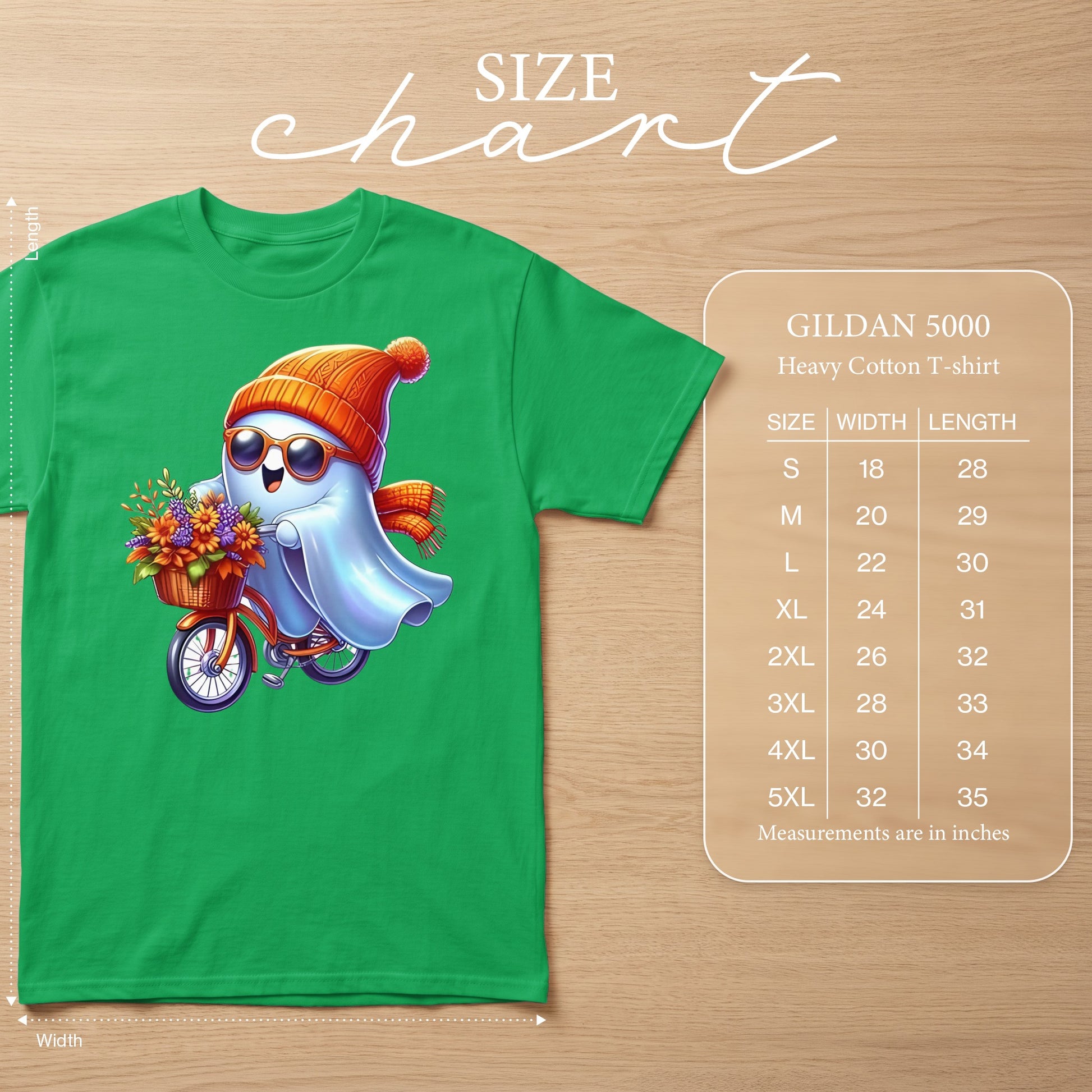 Green t-shirt with ghost character on a bicycle, GILDAN 5000 size chart.