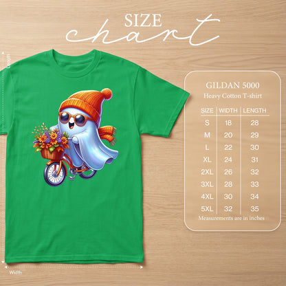 Green t-shirt with ghost character on a bicycle, GILDAN 5000 size chart.